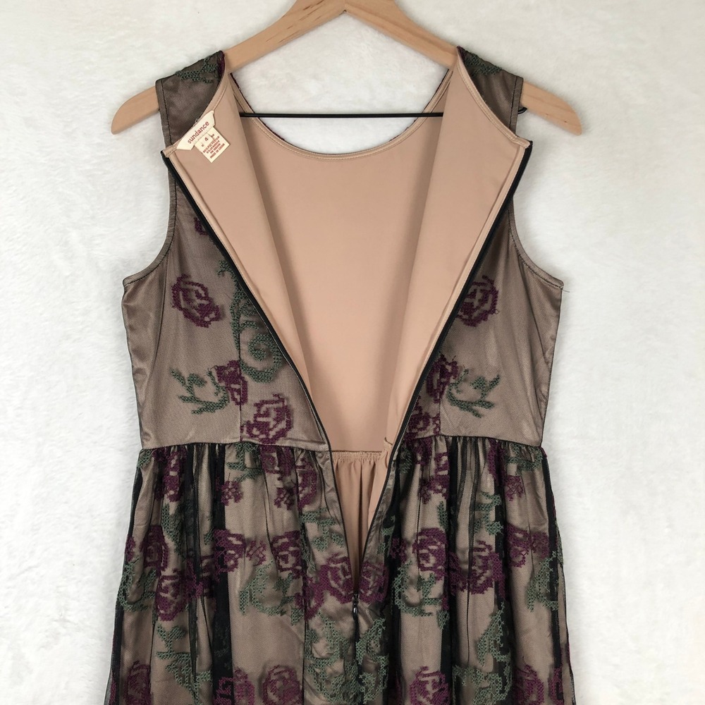 SUNDANCE Embroidered Mesh Fit Flare Midi Dress Sz 4 Tan Green Burgundy Floral - Picture 5 of 13